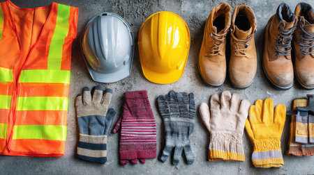 Collection of safety equipment including helmets, gloves, boots, and vests arranged on a concrete surface, emphasizing the importance of safety in construction and industrial work.の素材