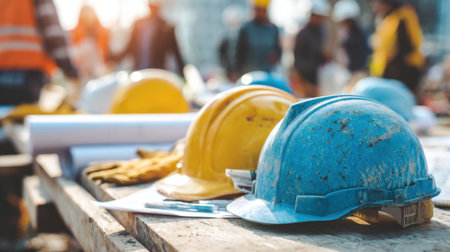 A vibrant close-up view of colorful hard hats on a construction site, with blurred workers in the background, showcasing a bustling and active urban development scene.の素材