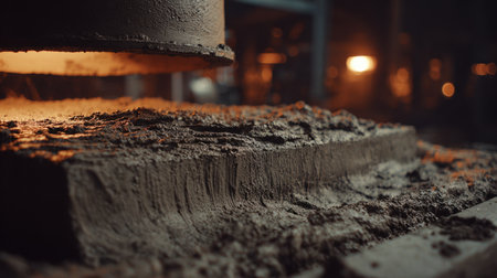 This image features a close-up view of industrial equipment at work in a metal foundry, showcasing the dusty surface and glowing furnace, highlighting the intense manufacturing process.の素材