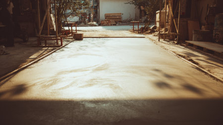 A freshly laid concrete surface sits at a construction site, highlighted by natural light and soft shadows, showcasing equipment and materials in an industrial setting.の素材