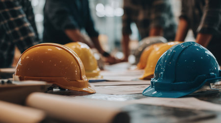 A vibrant scene showcasing various safety helmets in yellow and blue colors placed on a table. Engineers engage in active discussions while reviewing blueprints in a dynamic work environment.の素材