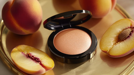 This image features a stylish makeup compact containing a peach-colored blush, elegantly placed on a golden tray next to fresh peaches, highlighting beauty and freshness.の素材