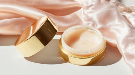 A luxurious cream in a gold container rests elegantly on soft silk fabric, perfect for showcasing your skincare products in stylish marketing or advertisement materials.の素材