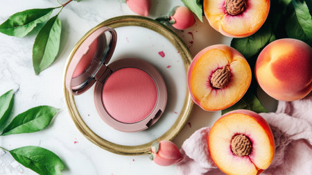 A vibrant flat lay featuring a pink blush compact among fresh peaches, leaves, and soft fabric captures the essence of beauty and lifestyle in a harmonious arrangement.の素材