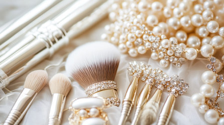 Discover an exquisite arrangement of elegant makeup brushes and shiny pearl accessories, perfect for beauty and fashion themes, highlighting artistry and glamour.の素材