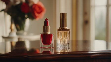 Captivating image of a red lipstick and a perfume bottle elegantly displayed on a wooden table, surrounded by a soft floral background in natural light, perfect for beauty themes.の素材