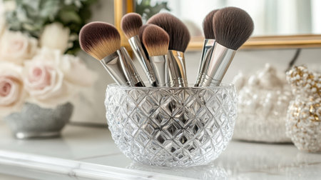 A stylish display of makeup brushes in a crystal bowl, showcasing elegance and beauty in a serene setting with soft floral accents and decorative elements.の素材