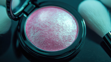 This close-up image showcases a shimmering pink blush with a glossy finish, accompanied by soft makeup brushes, perfect for beauty enthusiasts and photographers alike.の素材