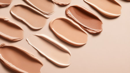 A beautifully arranged selection of foundation swatches showcasing various skin tones on a soft beige background, highlighting beauty diversity and artistry in makeup.の素材