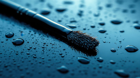 A visually striking close-up of a makeup brush resting on a reflective surface covered in water droplets, showcasing elegant details and artistic lighting.の素材
