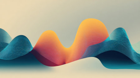 This abstract image showcases vibrant waves in blue, orange, and yellow, creating a dynamic visual composition that exudes fluid motion and modern elegance.の素材