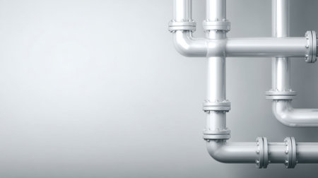 This image features a modern industrial pipeline system with shiny stainless steel tubes on a smooth gray background, highlighting the connection and functionality in manufacturing.の素材
