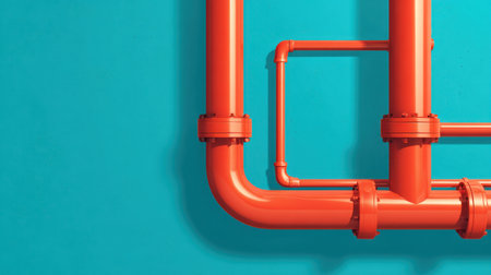 Vibrant orange pipes contrast strikingly against a blue wall, showcasing a modern industrial style perfect for creative interior design projects or artistic applications.の素材