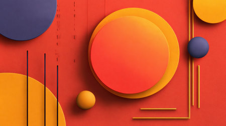 Vibrant abstract art featuring colorful geometric shapes and lines against a bold red background, ideal for modern design, decor, and creative projects.の素材