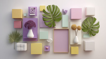 This image showcases a modern art arrangement featuring colorful boxes, decorative plants, and objects that create a vibrant and stylish interior design aesthetic.の素材