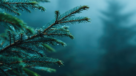 A stunning close-up image of pine needles adorned with dew drops, set against a foggy forest backdrop, creating an atmosphere of calm and natural beauty.の素材