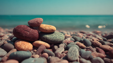 A serene beach scene featuring a stack of colorful pebbles resting on a smooth stone bed, with the sparkling ocean waves softly rolling in under clear blue skies.の素材