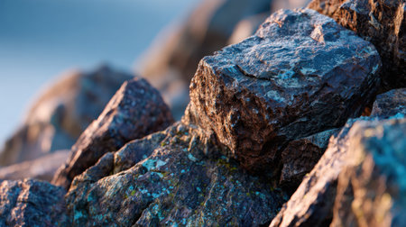 This image showcases a close-up view of rugged rocks, highlighting intricate textures and colors under natural light, creating a serene and peaceful atmosphere.の素材