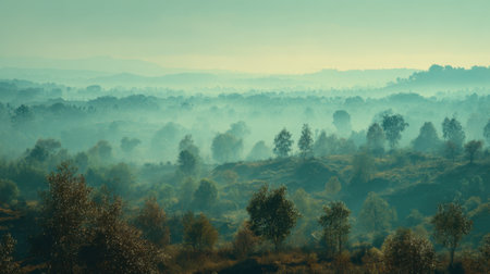 A breathtaking view of a misty landscape at dawn features gentle hills and soft light, inviting viewers to immerse themselves in the tranquil beauty of nature.の素材