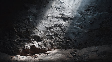 This image captures the interplay of light and shadow on a rocky cave wall, showcasing intricate textures and a serene atmosphere, ideal for nature or exploration themes.の素材