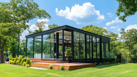 A stunning modern glass house designed with sleek lines and large windows, surrounded by lush greenery, offering a perfect blend of indoor and outdoor living in a serene setting.の素材