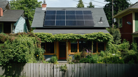 This charming eco-friendly house features beautiful solar panels on the roof and a vibrant garden, creating a tranquil space that promotes sustainability and harmony with nature.の素材