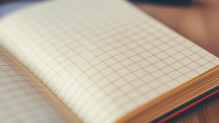 A detailed close-up of an open grid notebook offers a blank canvas for notes and sketches. The warm wooden table adds a cozy touch to the creative process.の素材