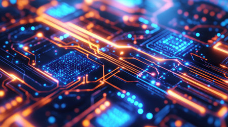 Explore a stunning close-up of a vibrant circuit board with glowing lines and colorful LED lights, representing modern technology and electronic innovation, ideal for creative projects.の素材