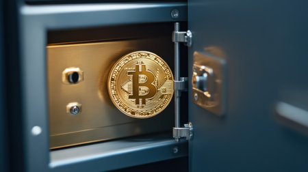 A striking image of a golden Bitcoin coin stored securely in a bank vault, representing the future of cryptocurrency, investment strategies, and wealth security in the digital age.の素材