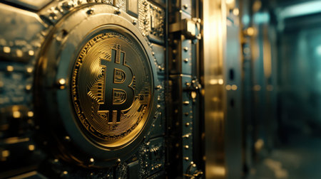 This image captures the golden Bitcoin emblem on a secure vault door, symbolizing the future of investment and digital currency in the evolving financial technology landscape.の素材