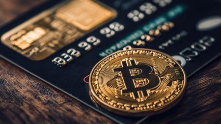 A golden Bitcoin coin placed on a black credit card, showcasing the intersection of digital currency and traditional banking systems, reflecting modern finance trends.の素材