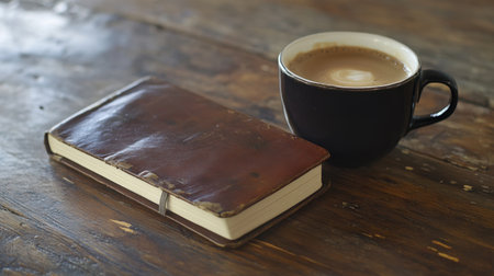 A serene morning scene featuring a leather-bound notebook and a steaming cup of warm beverage resting on a rustic wooden table, perfect for instilling inspiration and calm.の素材