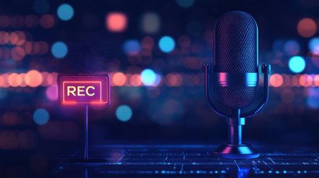 A captivating neon microphone stands beside a glowing recording sign, set against a vibrant digital backdrop, perfect for themes of audio production and podcasting.の素材