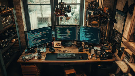 A serene home office setup featuring multiple screens displaying code, surrounded by vintage tools and warm lighting, creating an inspiring workspace for productivity.の素材