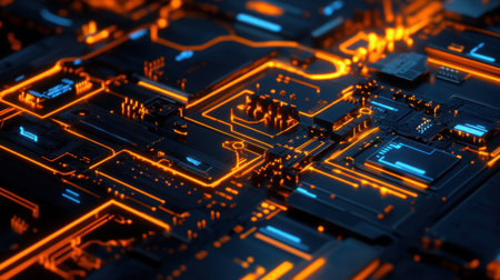 A stunning close-up of a futuristic circuit board featuring glowing orange lines and intricate components, creating a captivating digital landscape for technology enthusiasts.の素材