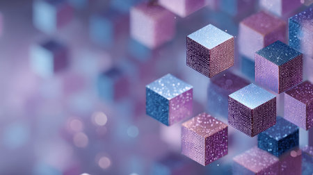 Experience a mesmerizing arrangement of cubes with glowing effects in rich purple and blue tones, perfect for backgrounds and digital art projects.の素材