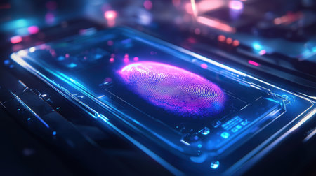 A vibrant and futuristic representation of a digital fingerprint scanner on a smartphone display, showcasing advanced technology illuminated by neon lights.の素材