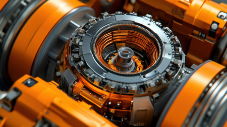 This image captures a detailed close-up of a sophisticated mechanical assembly, highlighting the intricate design and precision of orange and metallic components in motion.の素材