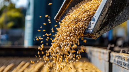 This image captures the dynamic moment of grains pouring from a trailer into a container at a farming facility, showcasing the energy of agriculture in action.の素材