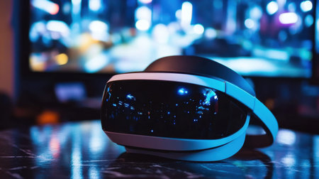 A sleek virtual reality headset rests on a table, with a vibrant neon cityscape blurred in the background, representing the cutting-edge of immersive gaming technology.の素材