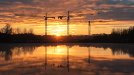 A stunning sunset casts vibrant orange and purple tones across the sky, with construction cranes silhouetted against the colorful backdrop, reflecting beautifully on the water's surface.の素材