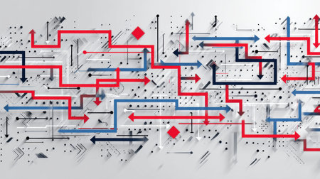 Colorful arrows and dynamic lines create an engaging abstract design, offering a modern aesthetic for various creative projects, including backgrounds and illustrations.の素材