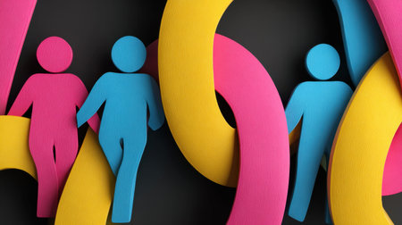 Vibrant abstract figures represent diversity and connection, symbolizing teamwork and unity in modern society. This colorful composition enhances creativity and engagement.の素材