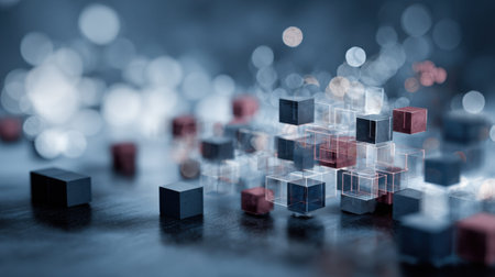 A captivating abstract image featuring colorful transparent blocks that create a modern digital atmosphere with intriguing light reflections and soft bokeh effects.の素材