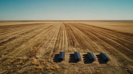 An expansive aerial view showcases solar panels placed strategically in an agricultural field, emphasizing renewable energy solutions against a clear sky backdrop.の素材