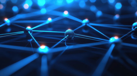 This abstract image captures a network of interconnected nodes and lines in striking blue tones, symbolizing the flow of information and communication in a digital landscape.の素材