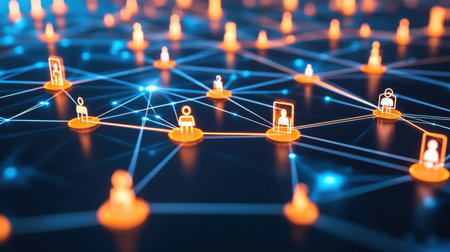 This image features an abstract representation of a digital network filled with glowing nodes and user icons, symbolizing virtual connections and interactions in technology.の素材