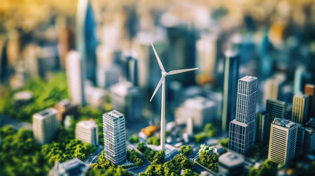 A vibrant urban scene featuring a wind turbine surrounded by modern skyscrapers, showcasing the blend of technology and nature in sustainable city planning.の素材