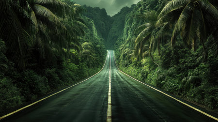 A stunning view of a winding road embraced by a lush tropical jungle, featuring tall palm trees and an overcast sky, perfect for travel and adventure themes.の素材