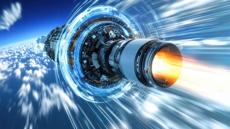This captivating image features a futuristic rocket engine delivering powerful propulsion through space, showcasing dynamic energy and technological brilliance in a cosmic setting.の素材